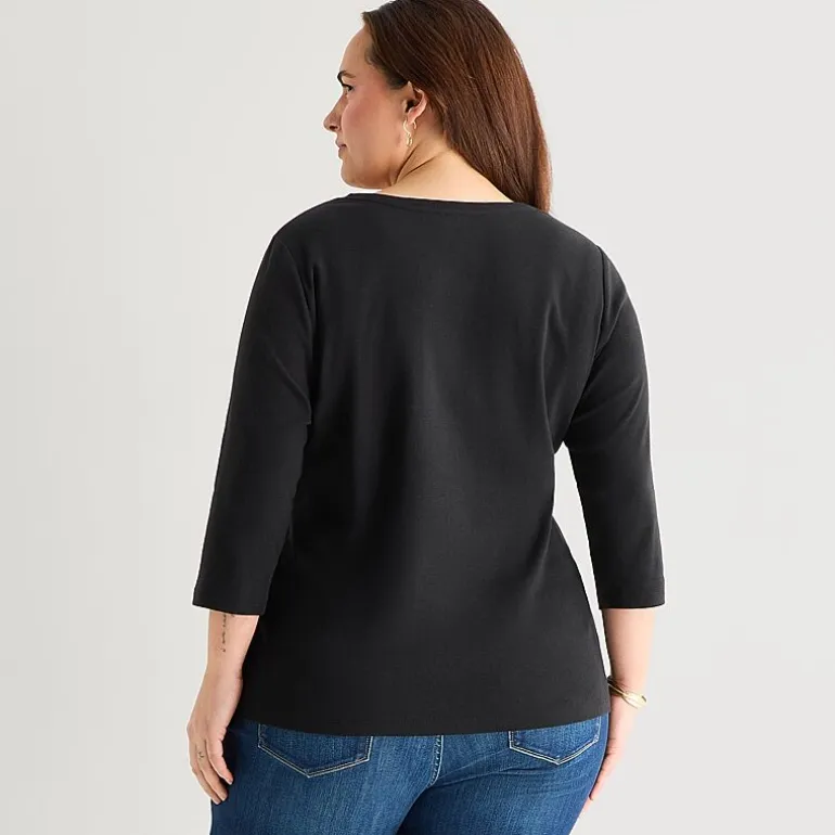 St. John's Bay Womens Plus V Neck 3/4 Sleeve T-Shirt