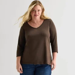 St. John's Bay Womens Plus V Neck 3/4 Sleeve T-Shirt