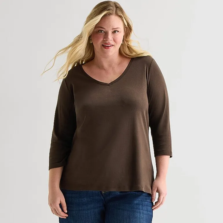 St. John's Bay Womens Plus V Neck 3/4 Sleeve T-Shirt