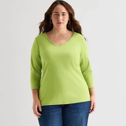 St. John's Bay Womens Plus V Neck 3/4 Sleeve T-Shirt