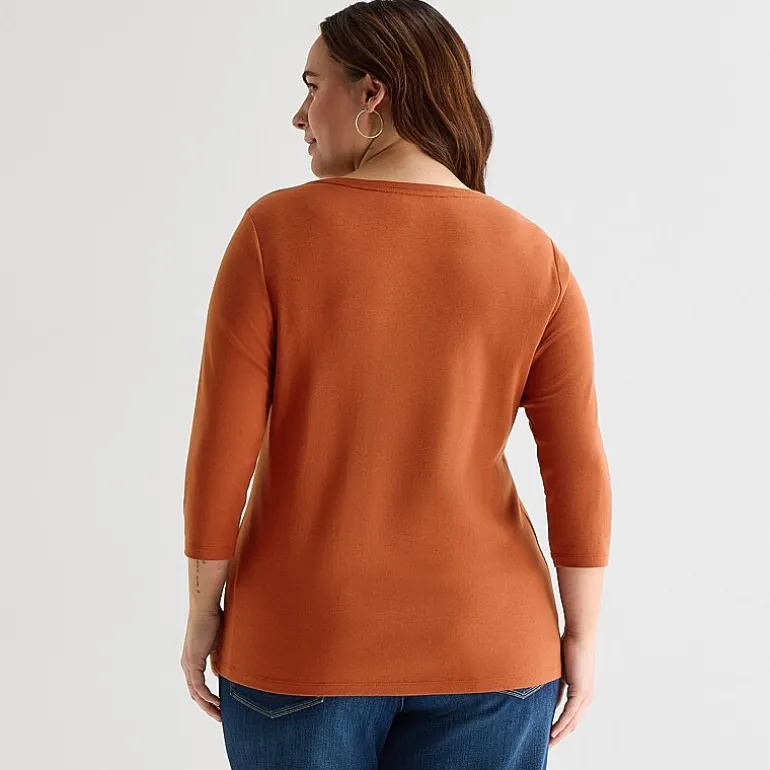 St. John's Bay Womens Plus V Neck 3/4 Sleeve T-Shirt