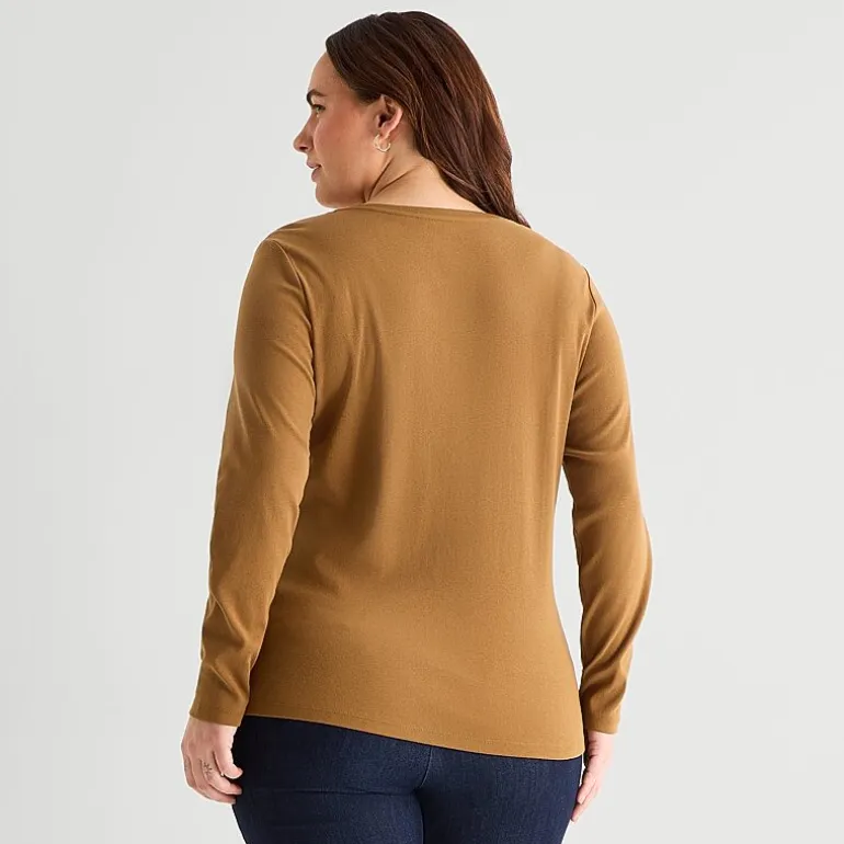 St. John's Bay Womens Plus V Neck Long Sleeve T-Shirt