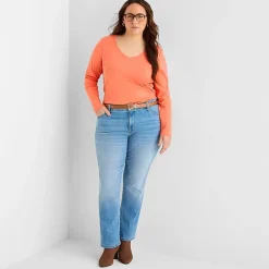St. John's Bay Womens Plus V Neck Long Sleeve T-Shirt