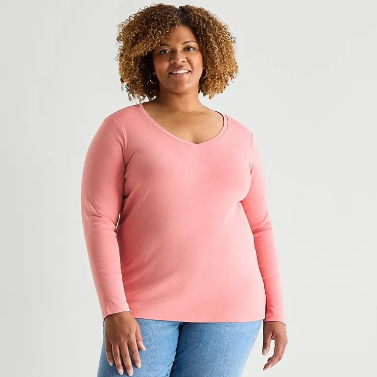 St. John's Bay Womens Plus V Neck Long Sleeve T-Shirt