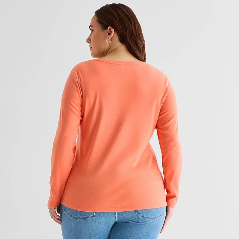 St. John's Bay Womens Plus V Neck Long Sleeve T-Shirt