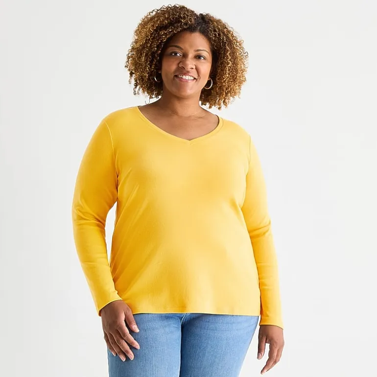 St. John's Bay Womens Plus V Neck Long Sleeve T-Shirt