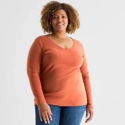 St. John's Bay Womens Plus V Neck Long Sleeve T-Shirt