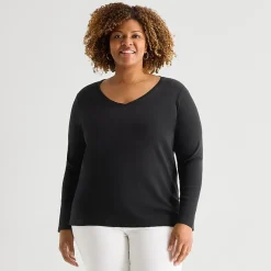 St. John's Bay Womens Plus V Neck Long Sleeve T-Shirt