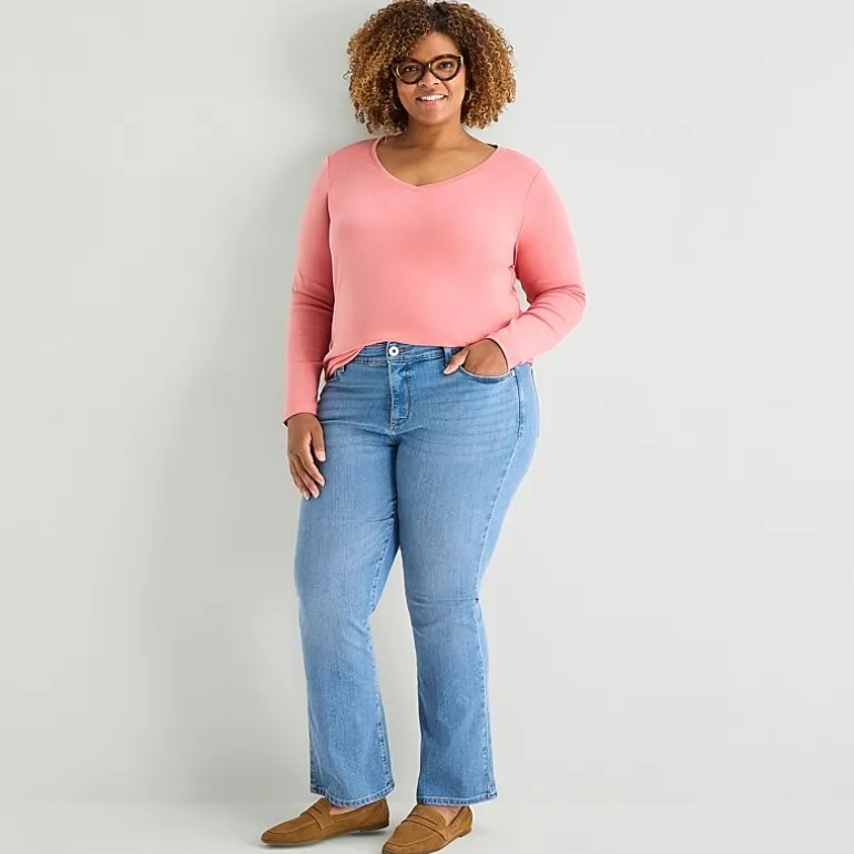 St. John's Bay Womens Plus V Neck Long Sleeve T-Shirt