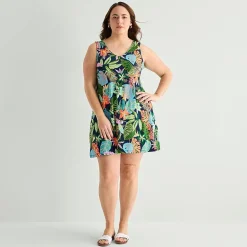 St. John's Bay Womens Plus V Neck Sleeveless Floral A-Line Dress