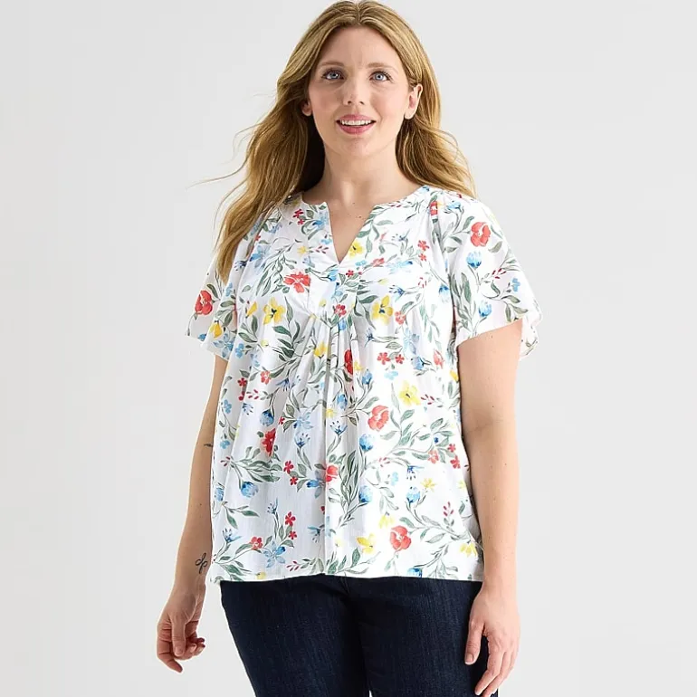 St. John's Bay Womens Plus V Neck Short Sleeve Blouse