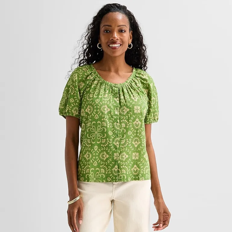 St. John's Bay Womens Round Neck Short Sleeve Regular Fit Button-Down Shirt