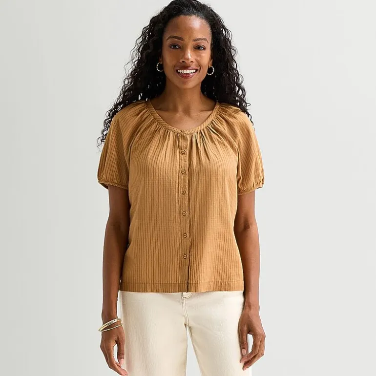 St. John's Bay Womens Round Neck Short Sleeve Regular Fit Button-Down Shirt