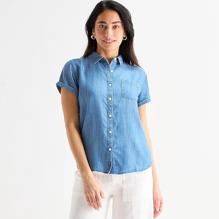 St. John's Bay Womens Short Sleeve Regular Fit Button-Down Shirt