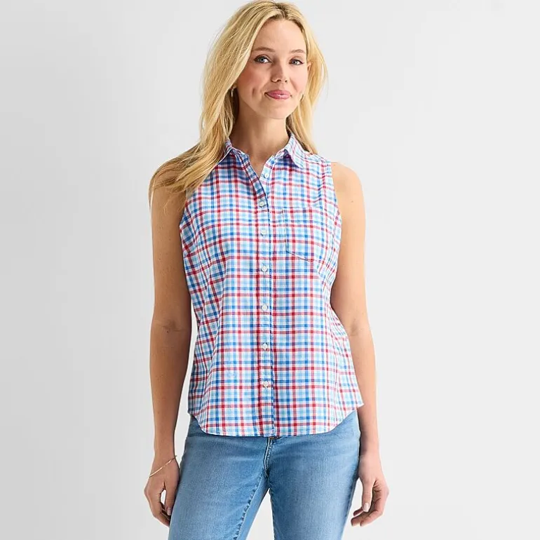 St. John's Bay Womens Sleeveless Regular Fit Button-Down Shirt