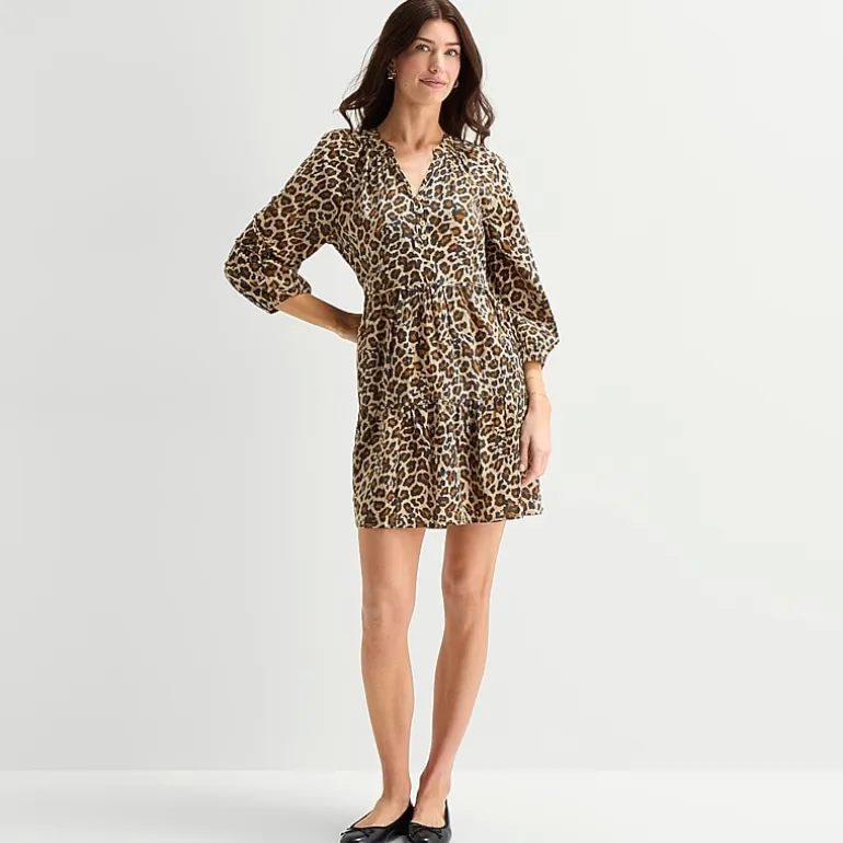 St. John's Bay Womens Split Crew Neck Long Sleeve Animal A-Line Dress