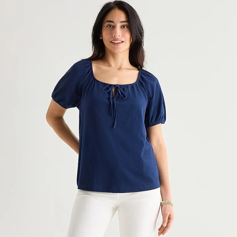 St. John's Bay Womens Split Tie Neck Short Sleeve Blouse