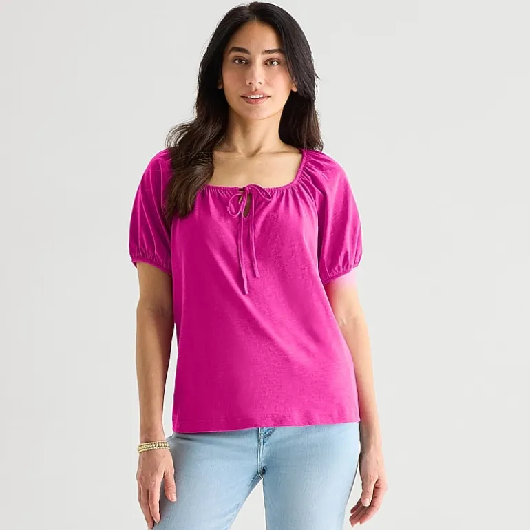St. John's Bay Womens Split Tie Neck Short Sleeve Blouse
