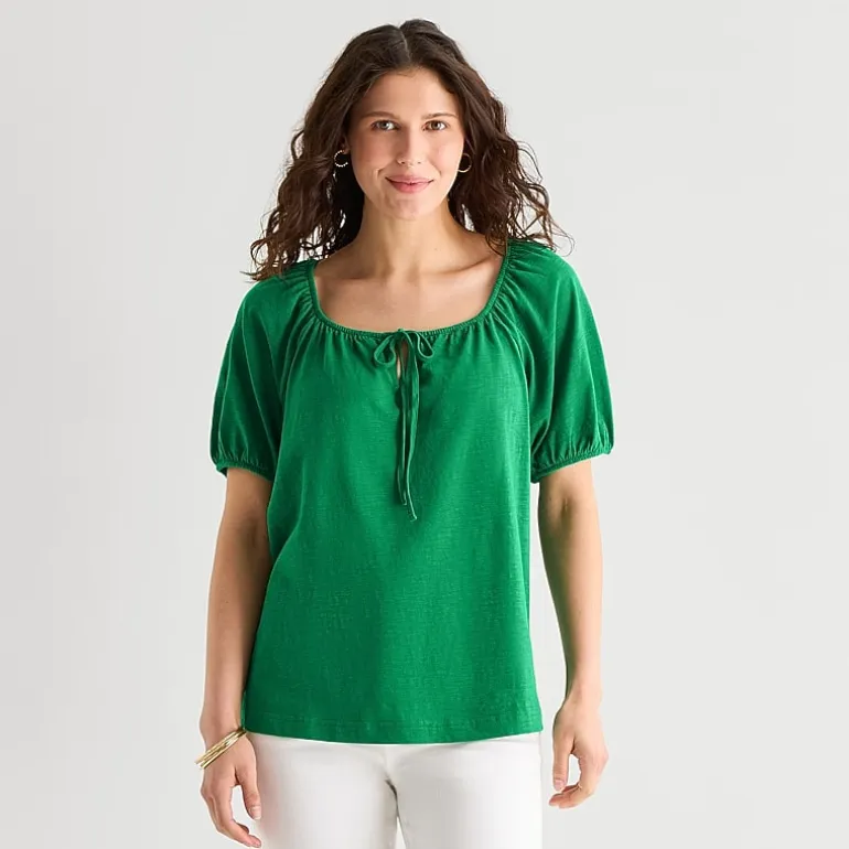 St. John's Bay Womens Split Tie Neck Short Sleeve Blouse