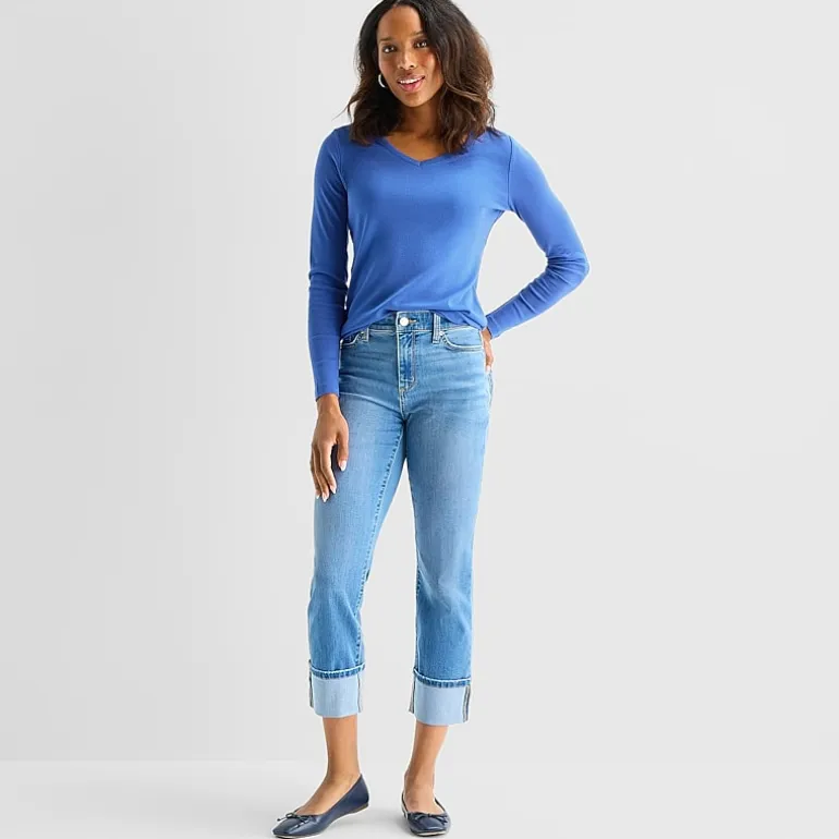 St. John's Bay Womens V Neck Long Sleeve T-Shirt