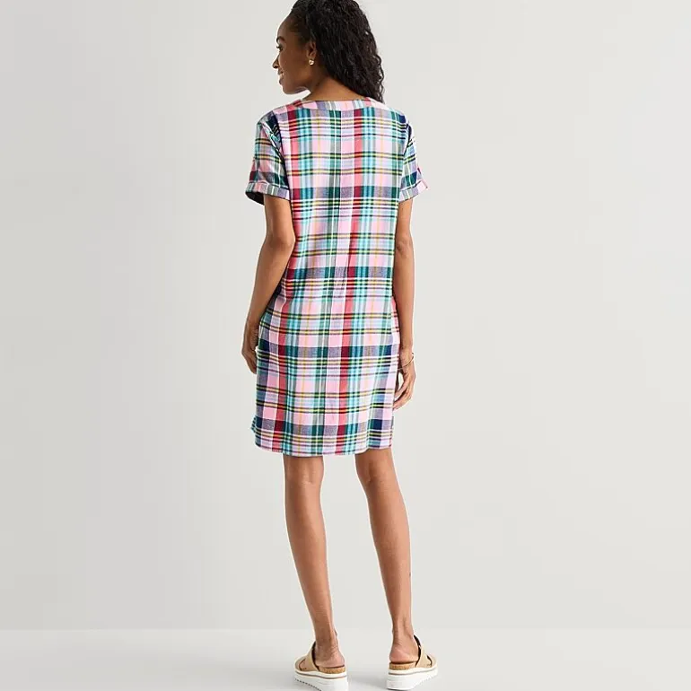 St. John's Bay Womens V Neck Short Sleeve Plaid Shift Dress
