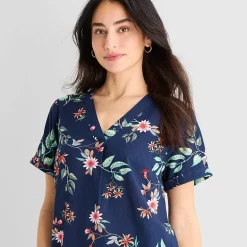St. John's Bay Womens V Neck Short Sleeve Plaid Shift Dress