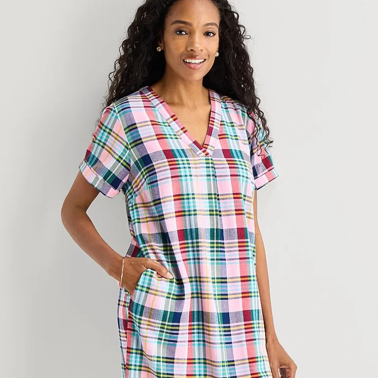 St. John's Bay Womens V Neck Short Sleeve Plaid Shift Dress