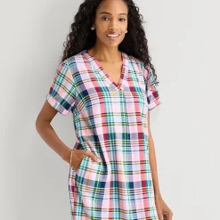 St. John's Bay Womens V Neck Short Sleeve Plaid Shift Dress
