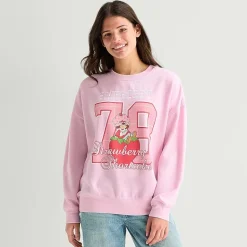 Strawberry Shortcake Crew Fleece Womens Juniors Crew Neck Long Sleeve Embroidered Strawberry Shortcake Sweatshirt