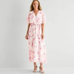 Studio 1 Womens Petite V Neck Short Sleeve Kimono Maxi Dress