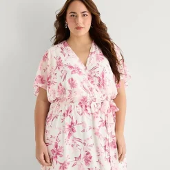Studio 1 Womens Plus V Neck Short Sleeve Kimono Maxi Dress
