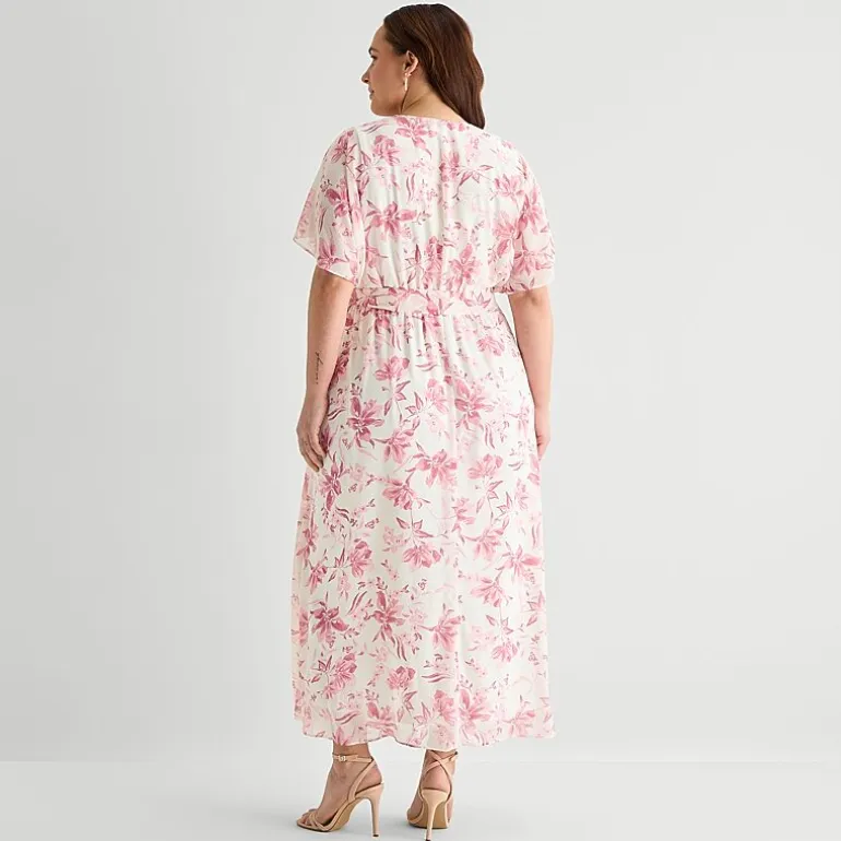 Studio 1 Womens Plus V Neck Short Sleeve Kimono Maxi Dress