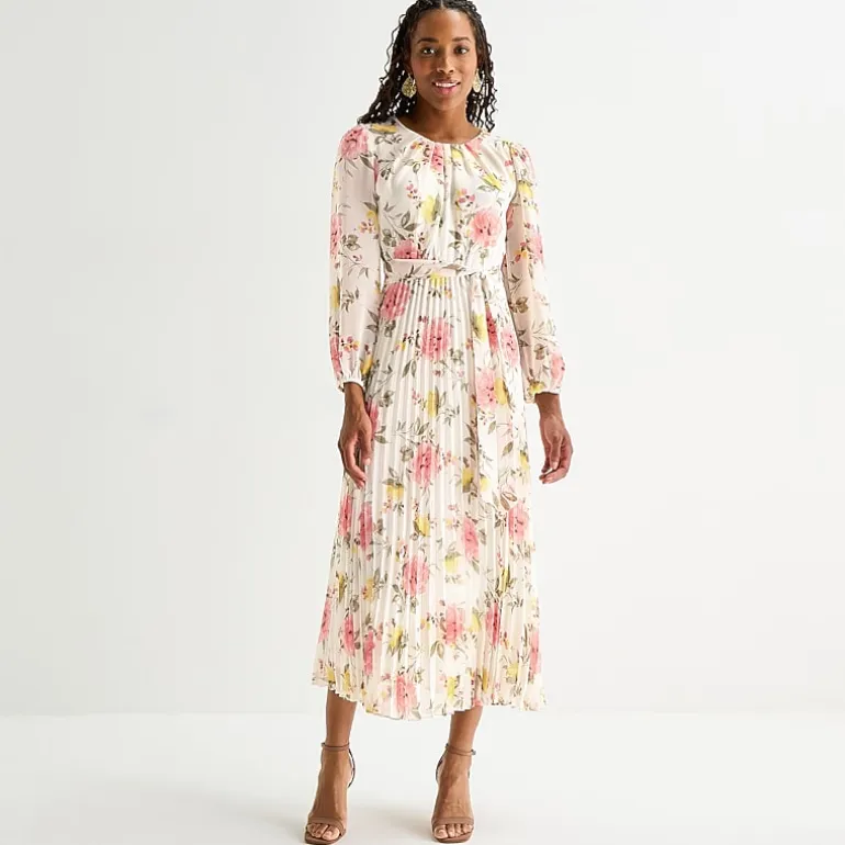 Studio 1 Womens Round Neck Long Sleeve Smocked Sleeve Maxi Dress