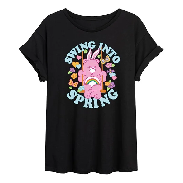 Swing Into Spring Womens Juniors Round Neck Short Sleeve Oversized Care Bears Graphic T-Shirt