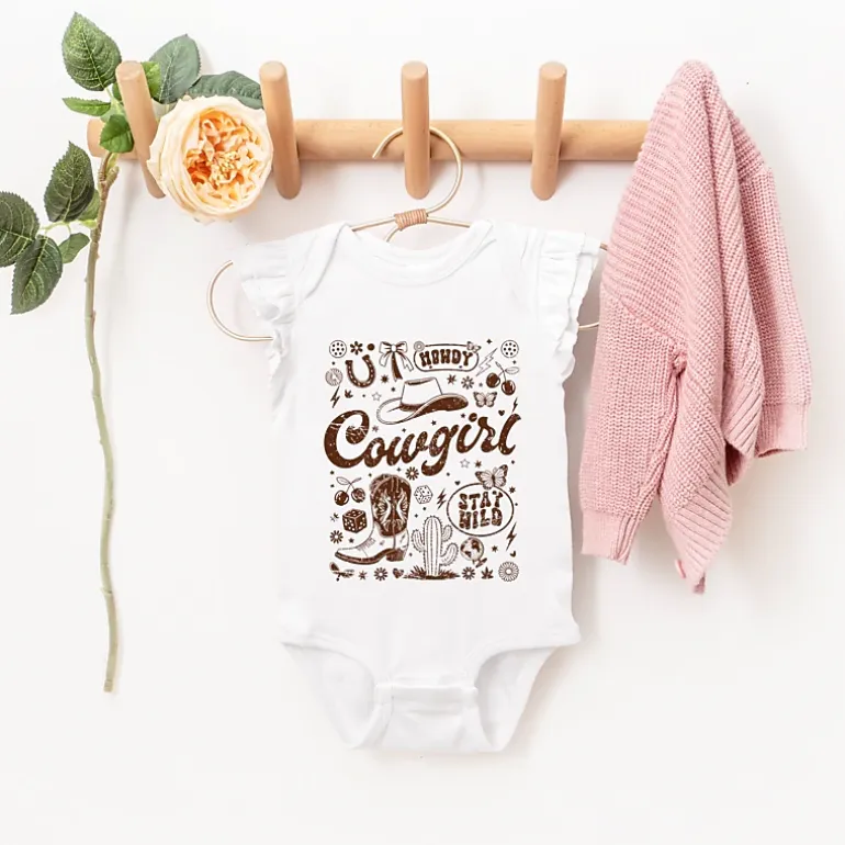 The Juniper Shop - Cowgirl Sketched Icons - Baby Flutter Sleeve Bodysuit