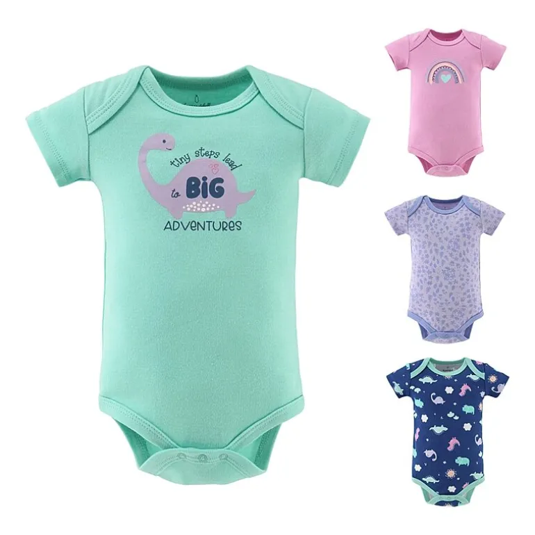 The Peanutshell Dino Girl Baby Girls Round Neck Short Sleeve 4-pc. Bodysuit