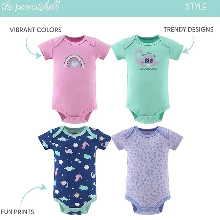 The Peanutshell Dino Girl Baby Girls Round Neck Short Sleeve 4-pc. Bodysuit