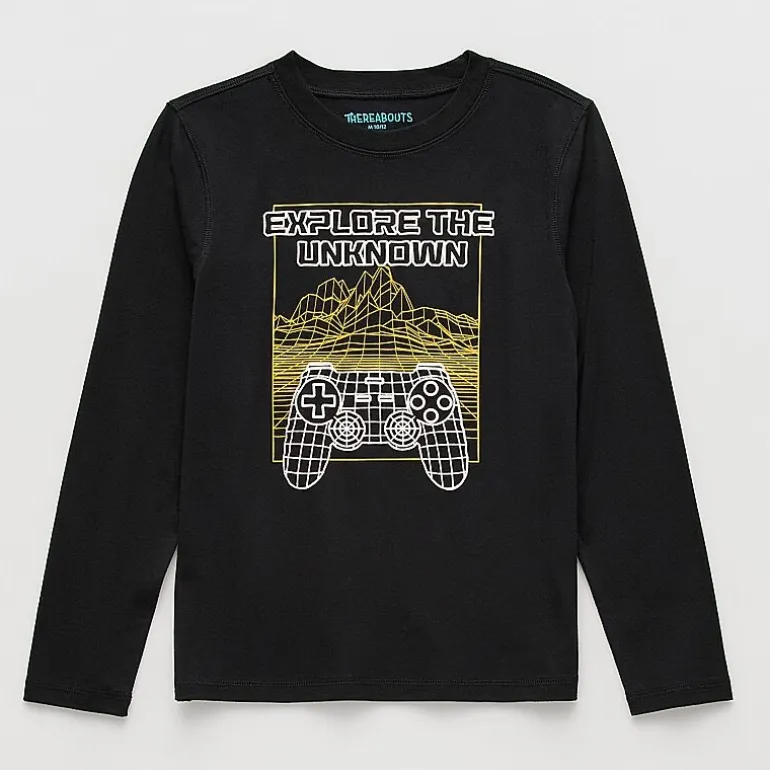 Thereabouts Little & Big Kid Boys Easy-on + Easy-off Sensory Friendly Crew Neck Long Sleeve Adaptive Regular Fit Graphic T-Shirt