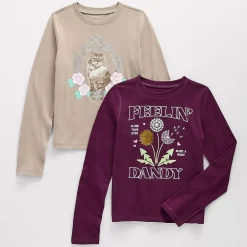 Thereabouts Little & Big Kid Girls Sensory Friendly Crew Neck Long Sleeve Adaptive Regular Fit 2 Pack Graphic T-Shirt