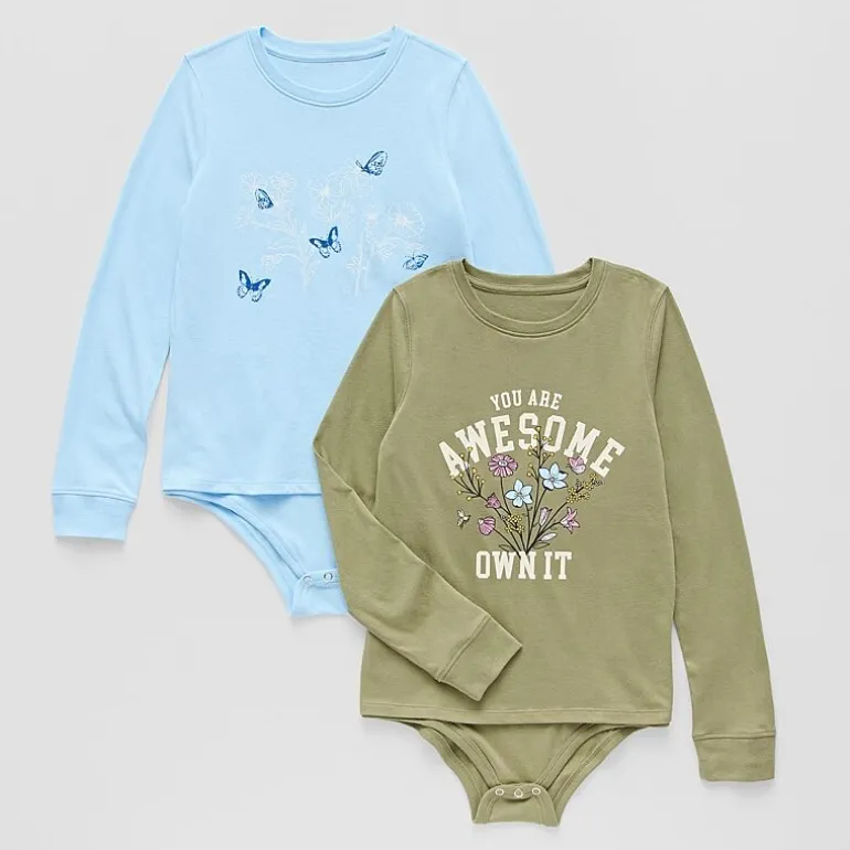 Thereabouts Little & Big Kid Girls Crew Neck Long Sleeve Adaptive 2-pc. Bodysuit