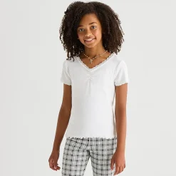 Thereabouts Little & Big Kid Girls V Neck Short Sleeve Lace Trim T-Shirt
