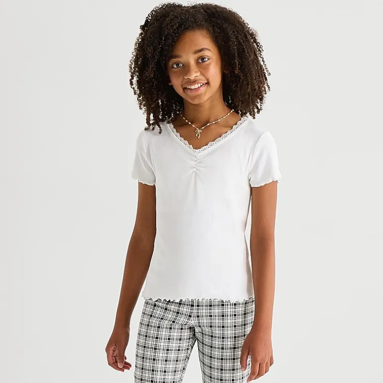 Thereabouts Little & Big Kid Girls V Neck Short Sleeve Lace Trim T-Shirt