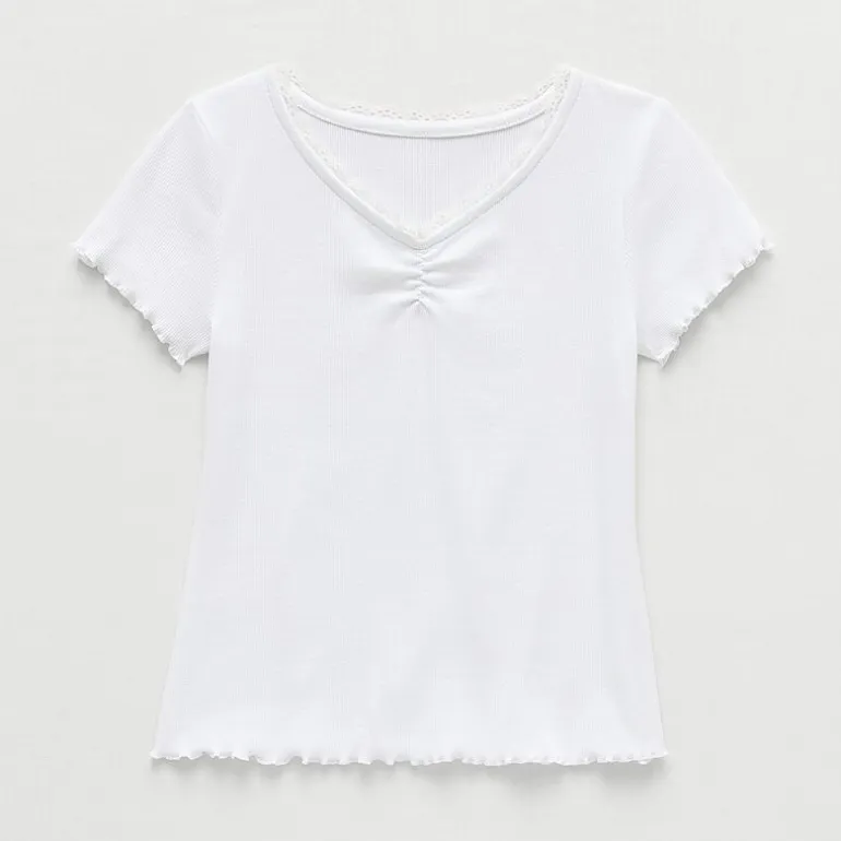 Thereabouts Little & Big Kid Girls V Neck Short Sleeve Lace Trim T-Shirt