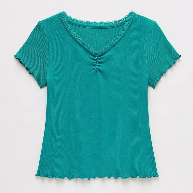 Thereabouts Little & Big Kid Girls V Neck Short Sleeve Lace Trim T-Shirt
