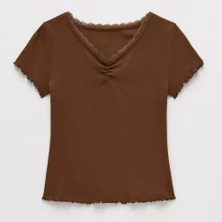 Thereabouts Little & Big Kid Girls V Neck Short Sleeve Lace Trim T-Shirt