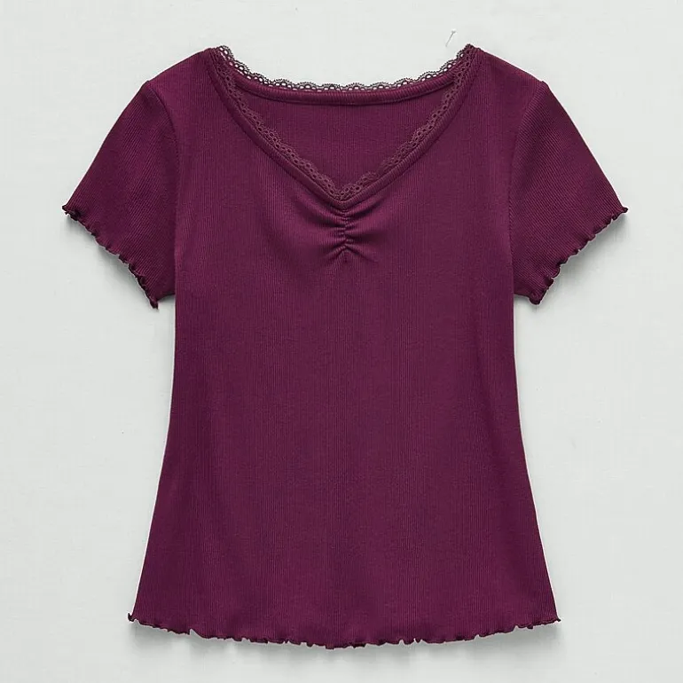 Thereabouts Little & Big Kid Girls V Neck Short Sleeve Lace Trim T-Shirt