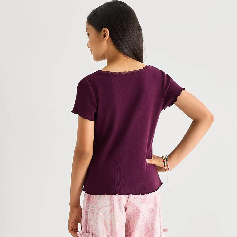 Thereabouts Little & Big Kid Girls V Neck Short Sleeve Lace Trim T-Shirt