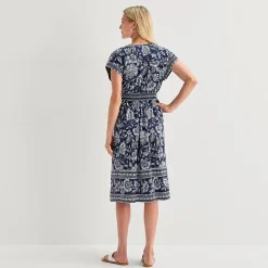 5th + Madison Edit Womens Petite Midi V Neck Sleeveless Cuffed Abstract Fit + Flare Dress