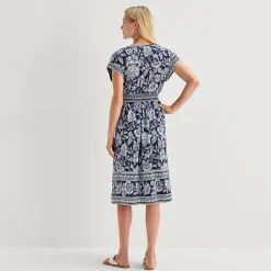 5th + Madison Edit Womens Petite Midi V Neck Sleeveless Cuffed Abstract Fit + Flare Dress