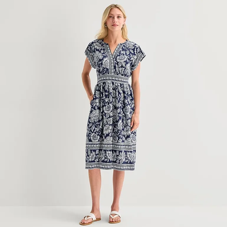 5th + Madison Edit Womens Petite Midi V Neck Sleeveless Cuffed Abstract Fit + Flare Dress